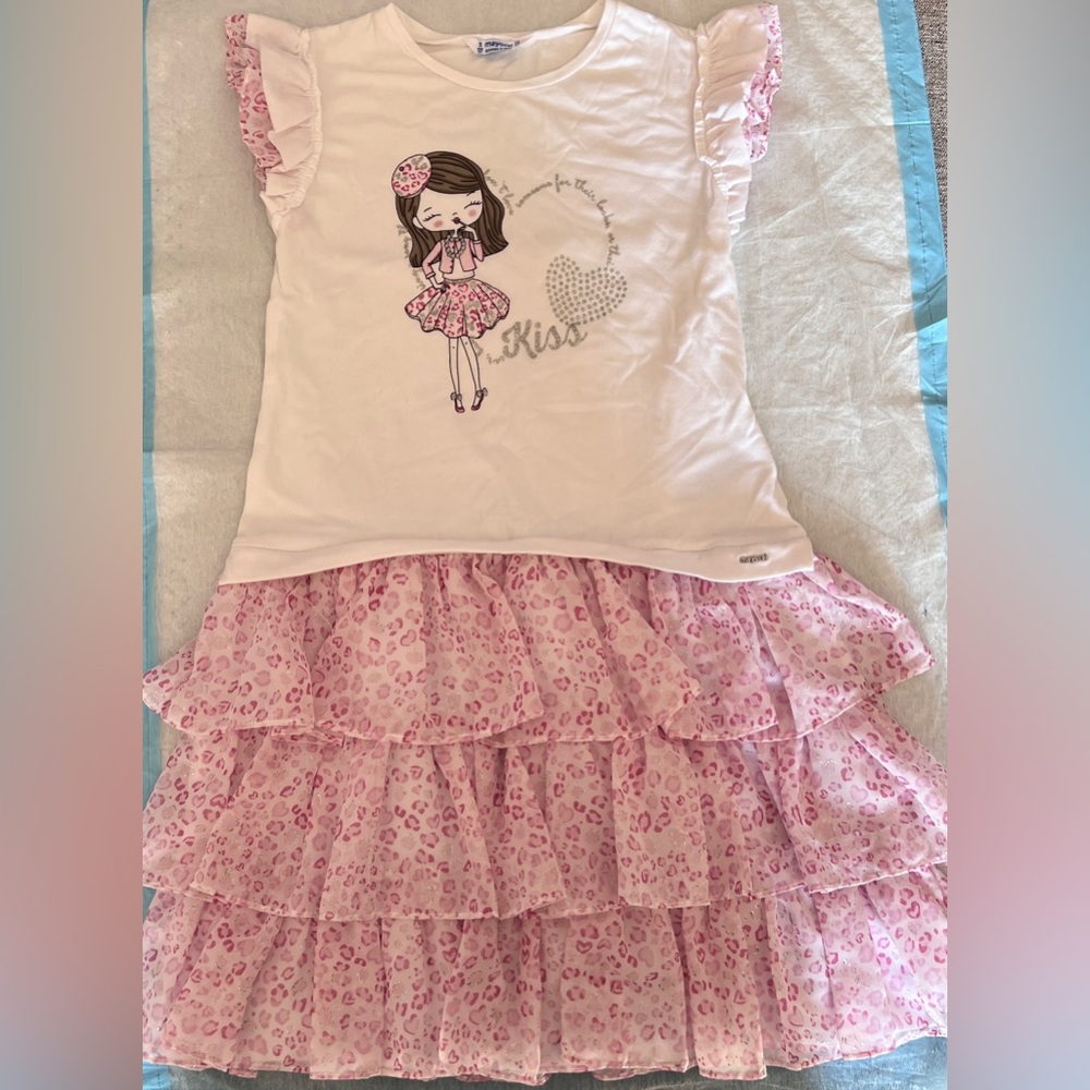 Girls Pink Ruffle Tiered Dress with Graphic Top